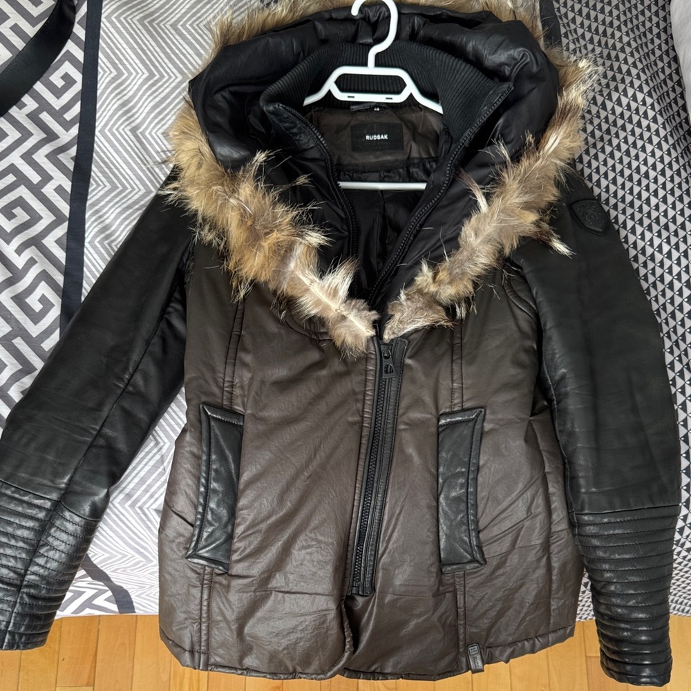RUDSAK Black and Brown Hooded Puffer with Faux Fur Trim